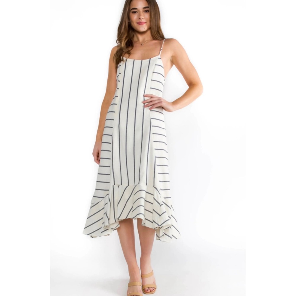 Ellison Anthropologie L White Navy Striped Ruffle High Low Midi Dress Coastal